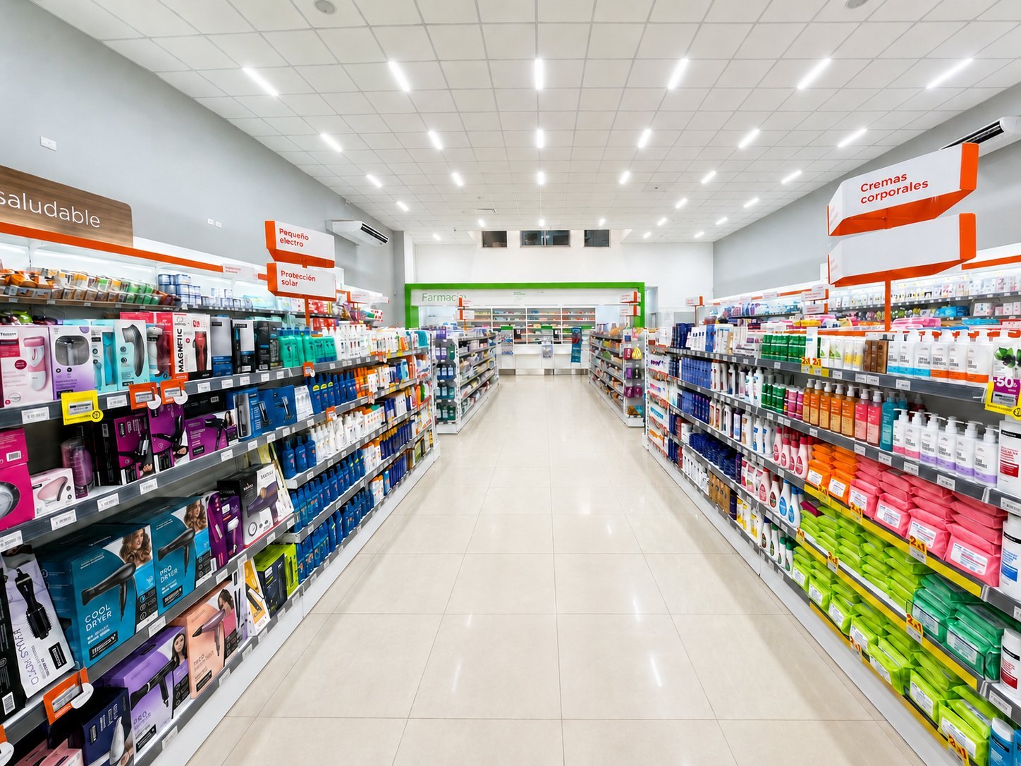 Vista interior de góndolas hacia sector farmacia